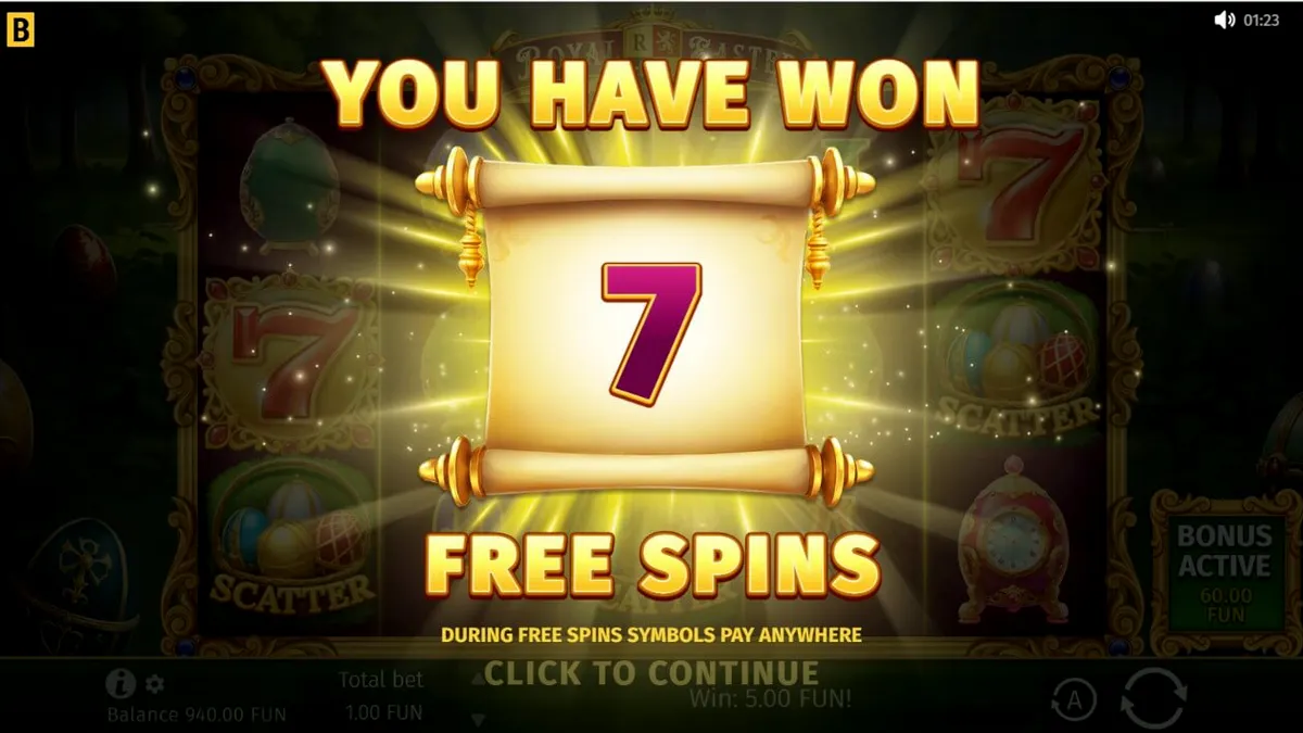 Tampilan layar permainan slot Royal Easter dengan telur Fabergé dan taman istana.