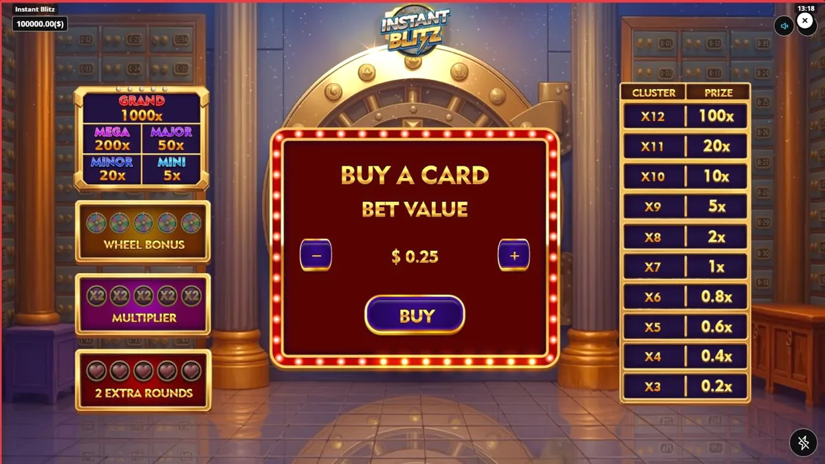 Tampilan visual slot Instant Blitz dengan tema brankas neon dan emas